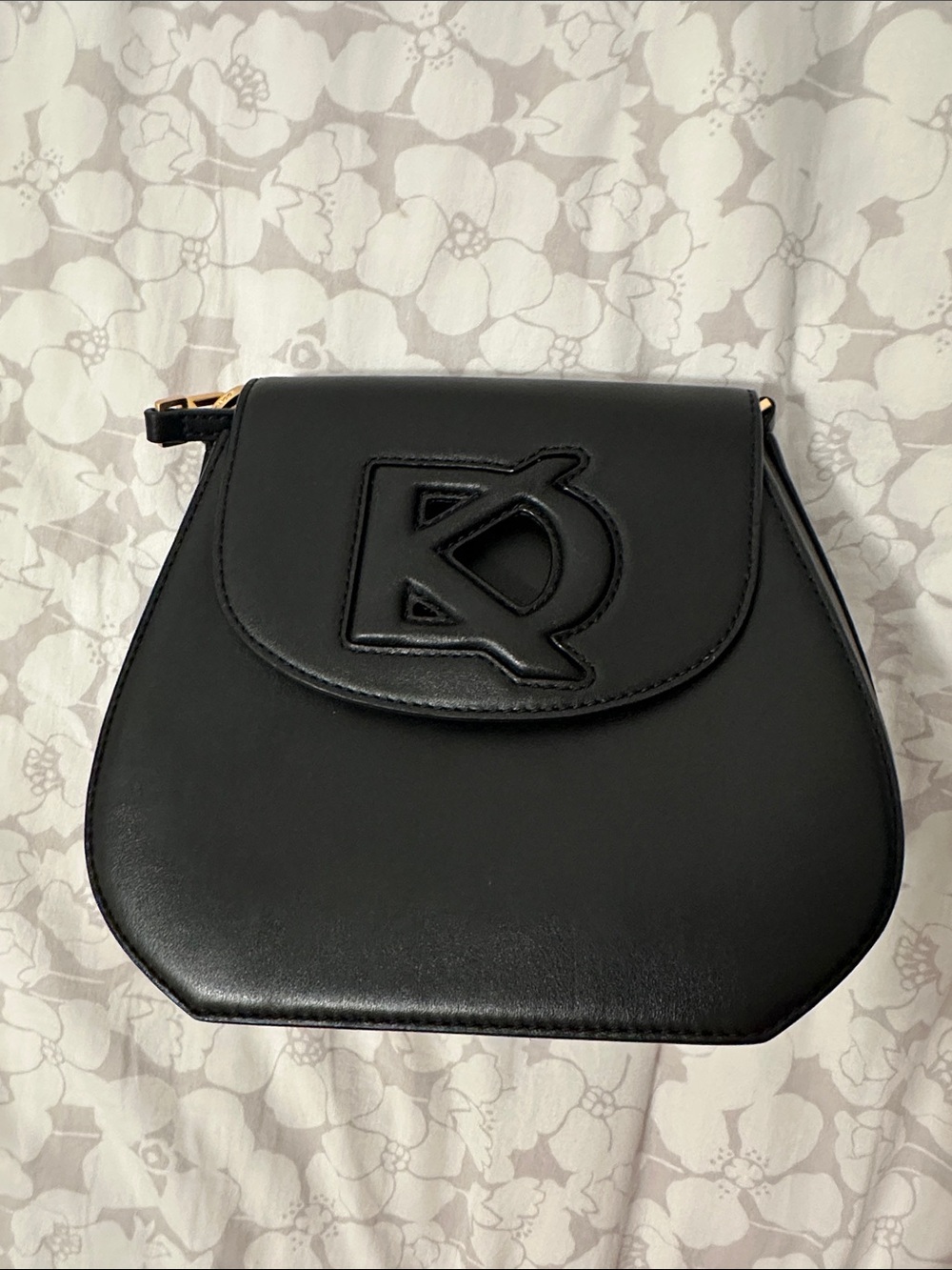 Donna Karan Black Leather Crossbody Bag with Embossed DK Logo